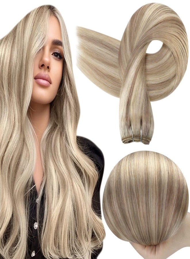 Full Shine Blonde Sew In Weft Hair Extensions Silky Straight Real Hair Wefts Human Hair 105 Grams Sew In Hair Extensions Ash Blonde Highlight Remy Bundles 24 Inch - Image 1